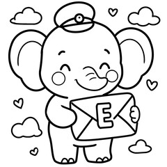 Cute line art clip art baby elephant with an envelope