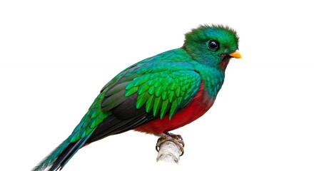 Resplendent Quetzal Perched on Branch Emerald Plumage Against White Background