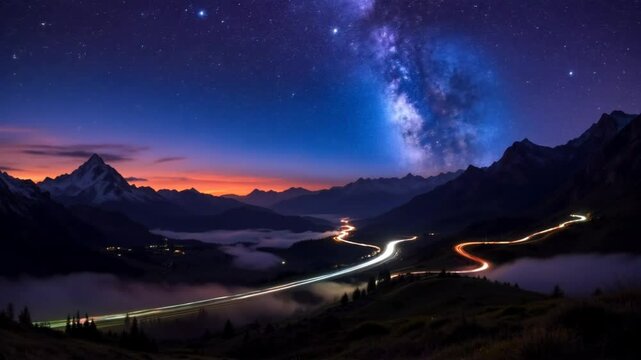 Day to night, Sunset to starry night in mountains Time lapse with milky way galaxy stars moving over countryside traffic