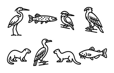 Wildlife and nature outline icons set – line, silhouette, animal and bird symbols