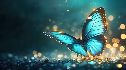 Radiant blue butterfly on sparkling ground