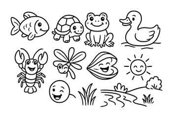 Aquatic and wildlife outline icons set – linear, nature, animal symbols