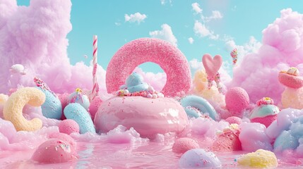 Cotton candy landscape with pink clouds lollipops and donut hills in fantasy childhood world scene