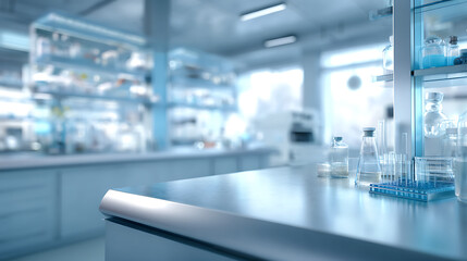 Modern scientific laboratory setting showcasing glassware equipment on a pristine lab bench, with blurred background of shelves and advanced technology. Research, science, chemistry, technology, innov