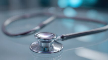 Stethoscope on reflective surface, symbolizing healthcare