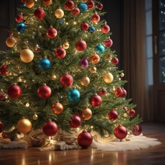 Vibrant baubles adorn a Christmas tree, encircled by soft, glowing lights ,  joyful,  season