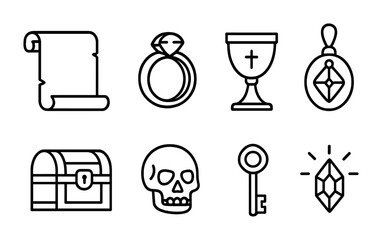Ancient treasure outline icons set – linear, relics, and archaeology symbols