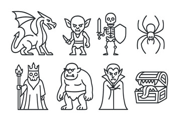 Fantasy creatures outline icons set – monsters, mythical, rpg symbols