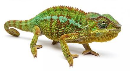 Vibrant Chameleon on White Background Showing Detailed Skin Texture and Coloration