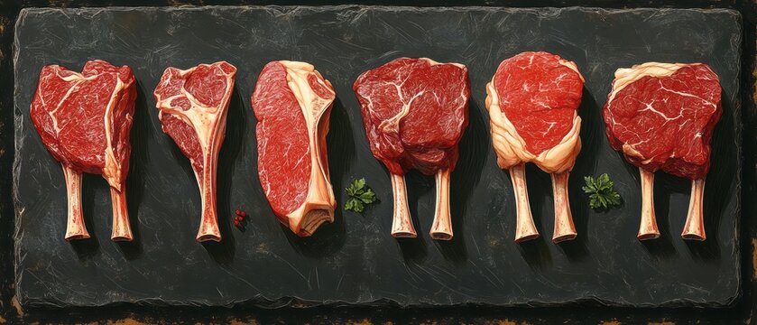 Various cuts of raw beef on a dark stone platter.