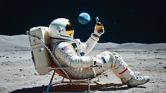 The rear perspective of a lunar astronaut reveals him opening a beer bottle while seated in a beach chair on the Moon, relishing the sight of Earth