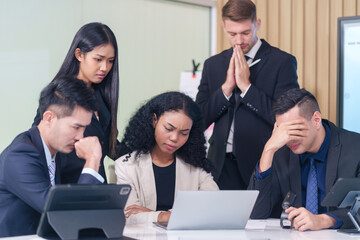 frustrated multiracial business people seriously meeting in office room,bad condition business conference,problem,worry of results business crisis