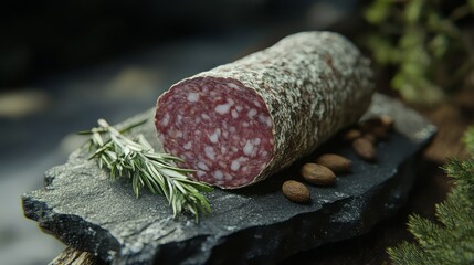 Fototapeta premium Close-up of a cured sausage on a dark stone plate.