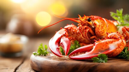 Close-up of grilled lobster with claws on wooden board.
