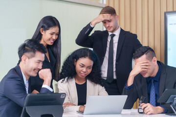frustrated multiracial business people seriously meeting in office room,bad condition business conference,problem,worry of results business crisis
