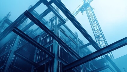 ethereal construction site view showing steel beams against a hazy blue sky background