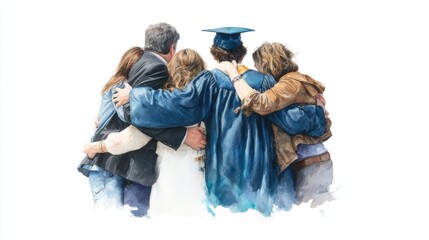 Family Embraces Graduate in Watercolor Painting