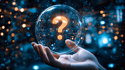 A human hand holds a glowing question mark. Generative AI.