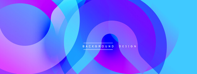Abstract fluid shapes blend purple, blue hues. Modern design features overlapping circles, gradients. Text reads background design. Vibrant, dynamic composition.