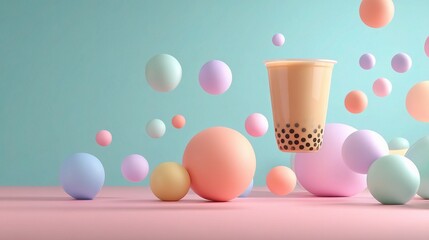 Playful Floating Cup of Bubble Tea in Pastel Surroundings