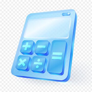 3D glossy blue calculator icon with basic math symbols Plus, minus, multiply, divide and equal signs on a transparent background. Ideal for educational, financial, or app UI design use. Vector file.