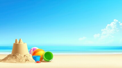 A bright and cheerful summer clipart of a beach scene with a sandcastle, a bucket, and colorful beach toys, ideal for children's summer activities.