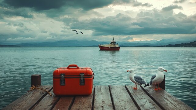 Waiting for the Journey: Orange Suitcase and Seagulls on a Wooden Pier suitcase orange waiting pier