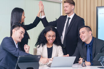 multiracial business people meeting at table in office room,doing gesture sign of success...