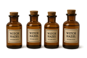 Four amber glass bottles labeled Witch Hazel Hydrosol, each with a cork stopper. Concept Amber Glass Bottles, Witch Hazel Hydrosol, Natural Skincare, Eco-Friendly Packaging, Aromatherapy Essentials