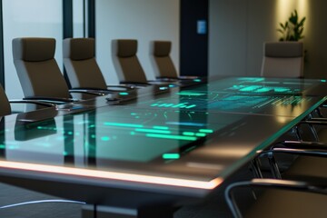 A futuristic conference room with chairs and a table with interactive green technology displays and data analytics.