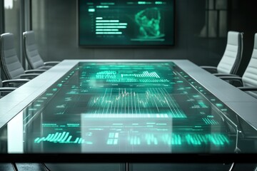 A futuristic conference room with a holographic table displaying complex data, accompanied by a large screen with more information.