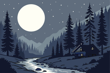 Naklejka premium 52 intricate night sky with full moon, dark forest landscape, small cabins along a shimmering river, dramatic lighting, cinematic, hyper-realistic, 8k, highly detailed