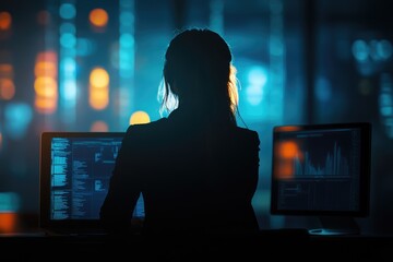 Silhouette of a woman coding in a dark room with dual monitors displaying complex data visualizations and source code.