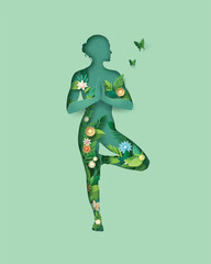 Floral Silhouette Yoga Woman in Paper Cut Style
