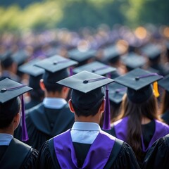 Graduates in Black Gowns at Outdoor Ceremony with Unity, Collective success, academic pride