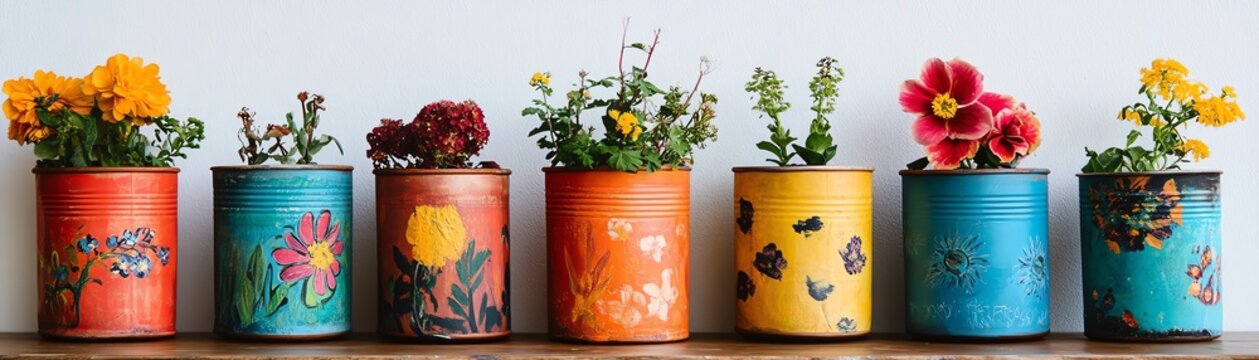 Colorful hand-painted tin cans creatively transformed into vibrant flowerpots, showcasing unique designs for indoor and outdoor decor.
