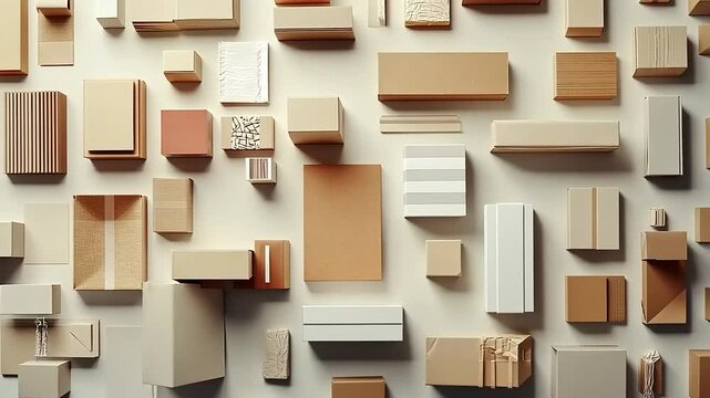 Various geometric cardboard boxes arranged artistically on a neutral background for design inspiration