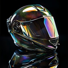 Fototapeta premium Iridescence Motorcycle Helmet: A futuristic motorcycle helmet with an iridescent, rainbow-like finish gleams against a dark background, showcasing its sleek design and advanced technology. 