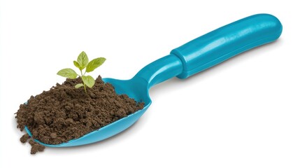 Small blue gardening trowel with soil and seedling