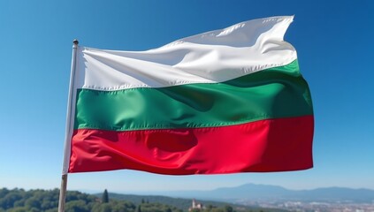 Bulgarian national country flag flies against blue sky