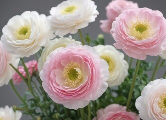 Delicate pink & white ranunculus blossoms, close-up view , ranunculus, bloom