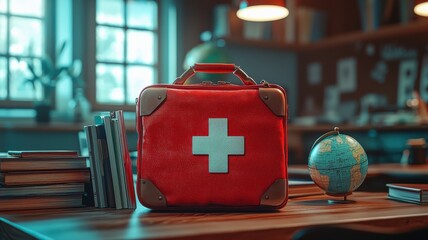 First Aid Kit and Educational Supplies on Desk in Classroom classroom desk first aid kit red box pet