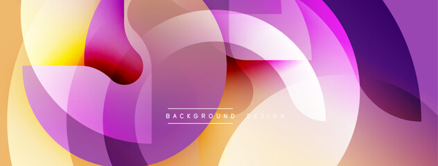 Abstract colorful shapes overlap creating dynamic visual effect. Gradient hues blend, forming modern background design.