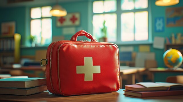 School Safety: Red First Aid Kit on Desk in Classroom with Books and Globe school classroom desk pet