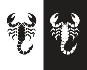 Obraz premium Minimalist Scorpion Silhouette Vector Icon on Black and White Backgrounds – Ideal for Tattoos, Logos, Emblems, Stickers, and Graphic Design Projects – Perfect for Bold, Modern, and Symbolic Artwork.