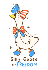 Cute 4th of July Girly Silly Goose with American Flag Bow Hand Drawn Doodle Illustration, siily goose for freedom