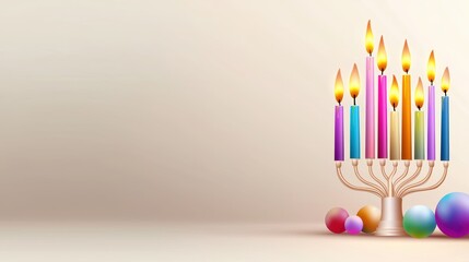 A festive vector illustration of a menorah with colorful candles lit, set against a subtle background for use in Hanukkah cards and decorations.
