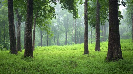 A forest background with thick trees and a vibrant green underbrush, showcasing the untouched beauty of nature.