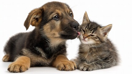 Obraz premium Sweet Puppy Giving Gentle Lick to Adorable Kitten's Cheek
