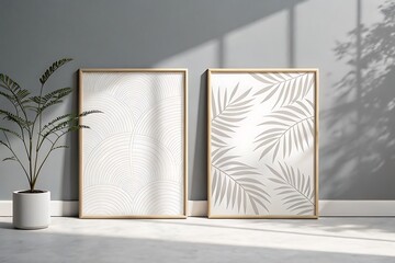 Modern home decor displaying two framed prints with palm leaf and geometric designs